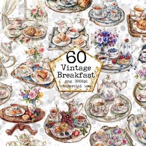 May include: 60 watercolour illustrations of vintage breakfast scenes featuring teacups, teapots, pastries, and flowers. The illustrations are perfect for creating digital or printed designs.