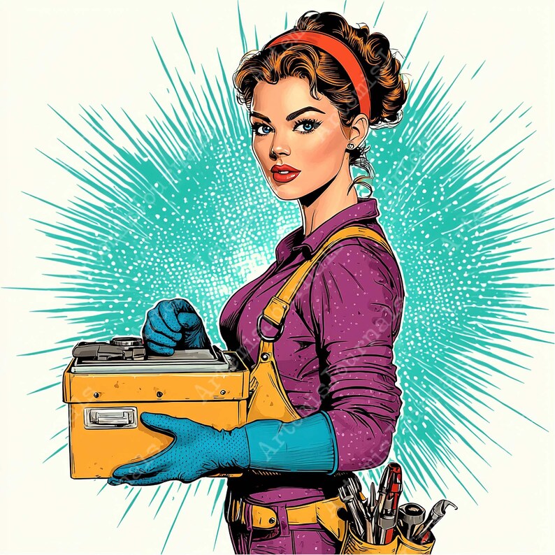 May include: A woman wearing a purple shirt and yellow overalls holds a yellow toolbox with a black tool inside. She is wearing blue gloves and a red headband. The background is a turquoise and white radial pattern.