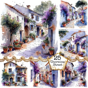 Lot de cliparts aquarelle cottage rues JPEG JPEG vacances sur l'île grecque des cliparts Téléchargement instantané Papier Artisanat indésirable Journal Scrapbooking