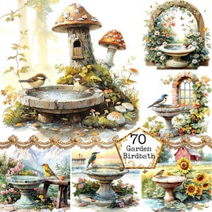 Bundle de cliparts JPEG aquarelle de jardin, bain d'oiseaux printaniers Clipart fleurs printanières Téléchargement instantané Papier Artisanat indésirable Journal Scrapbooking