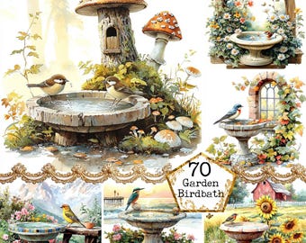 JPEG watercolor Garden Bird Bath Clipart Bundle Spring Birds Clipart Spring Flowers Instant Download Paper Crafts Junk Journal Scrapbooking