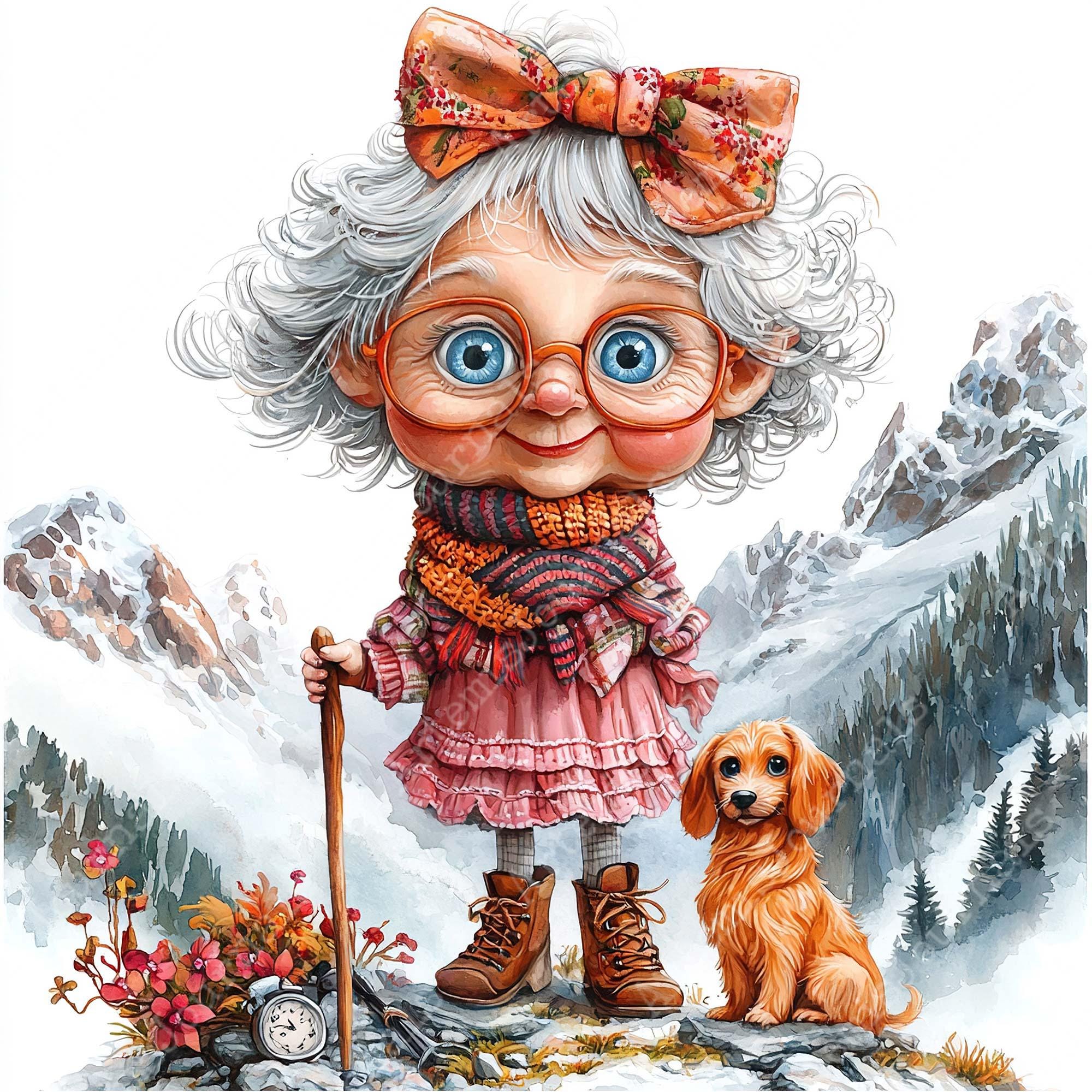 JPEG Watercolor Spring Granny Clipart Bundle Funny Elderly Lady Cute ...