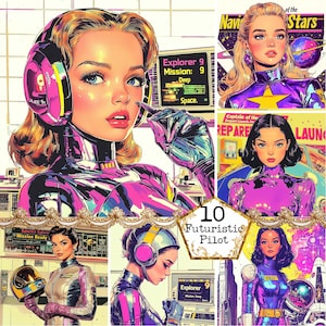 JPEG Retro Comic Style Pop Art Girls Futurystyczny Pilot Bundle Pop Art Girl Retro Comic Girl Natychmiastowe pobieranie Papierowe rzemiosło Scrapbooking