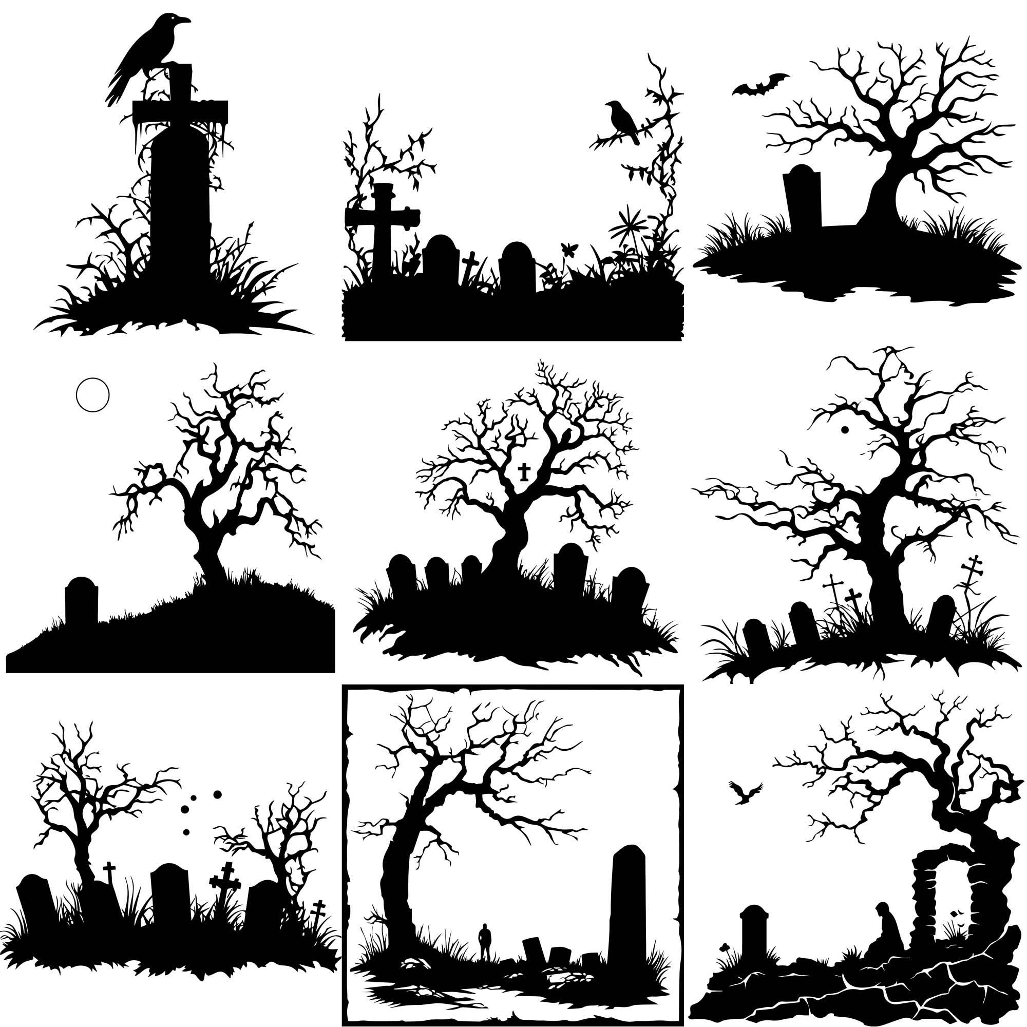 70 Graveyard Svg, Dxf, Eps, Ai, Pdf, Jpg, Png Spooky Graveyard Cemetery ...