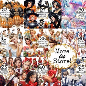 May include: A collage of digital illustrations featuring various themes, including pumpkins, witches, mermaids, nurses, and Christmas. Each illustration is labeled with a number and a descriptive title, such as "Luxurious Pumpkins" and "My Little Christmas". The text "More in Store!" is displayed in a gold frame.
