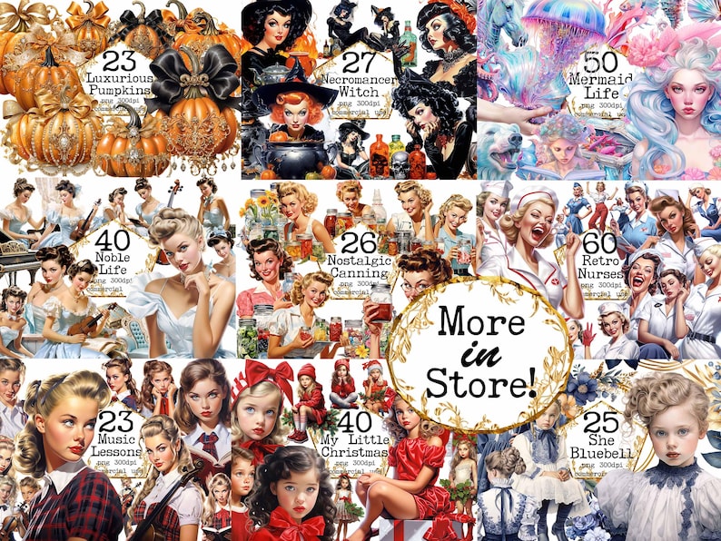 May include: A collage of digital illustrations featuring various themes, including pumpkins, witches, mermaids, nurses, and Christmas. Each illustration is labeled with a number and a descriptive title, such as "Luxurious Pumpkins" and "My Little Christmas". The text "More in Store!" is displayed in a gold frame.