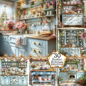JPEG Shabby Chic Rustic Blue Kitchen Clipart Bundle Acquerello JPG di alta qualità Download istantaneo Artigianato di carta Junk Journal Scrapbooking