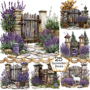 Paquete de imágenes prediseñadas de puertas de lavanda con acuarela PNG + JPEG, imágenes prediseñadas de puertas rústicas, puertas de primavera, descarga instantánea, manualidades de papel, diario basura, álbumes de recortes
