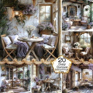 Oude shabby chique huisje interieurs JPEG gezellige hoek eten paars gezellig oma's huis Instant Download papier ambachten ongewenste dagboek scrapbooking