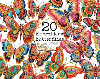 PNG Embroidery Butterflies Clipart Bundle Funky Retro Butterflies Clipart PNG Transparent Background Scrapbooking Junk Journal Paper Crafts