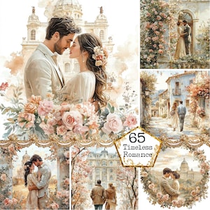 JPG Acuarela Retro Pareja Romántica y un Castillo Gráficos Amantes Clipart Pareja Clipart Descarga Instantánea Manualidades Papel Diario Scrapbooking