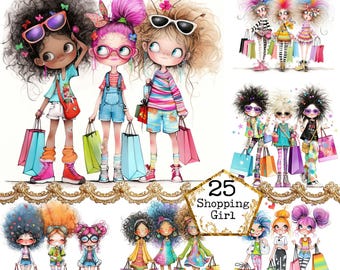 JPEG Watercolor Quirky Shopping Girls Clipart Bundle Whimsical Girl Ephemera Art Instant Download Paper Crafts Junk Journal Scrapbooking