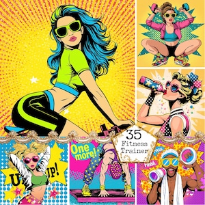 Può includere: Illustrazioni in stile pop art a tema fitness. Le immagini presentano donne e uomini in abbigliamento da allenamento, occhiali da sole e colori vivaci. Un'immagine ha il testo "35 Fitness Trainer". Il tema generale è il fitness e l'esercizio.