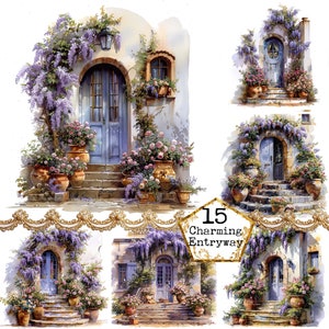 Floral vintage portes des cliparts, vieilles portes, clipart aquarelle imprimable Cottage JPEG Téléchargement instantané papier artisanat indésirable Journal Scrapbooking