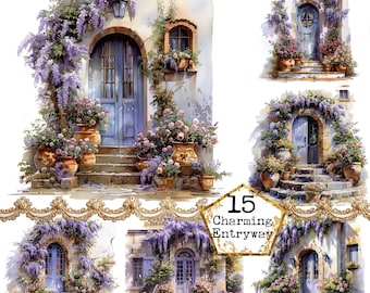 Vintage Floral Türen Clipart, alte Türen, druckbare Aquarell Clipart JPEG Cottage Instant Download Papier Handwerk Junk Journal Scrapbooking