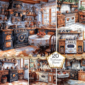 JPEG Vintage Shabby Chic Rustico Cucina Stufa Clipart Bundle Acquerello JPG Download immediato Carta Artigianato Junk Journal Scrapbooking