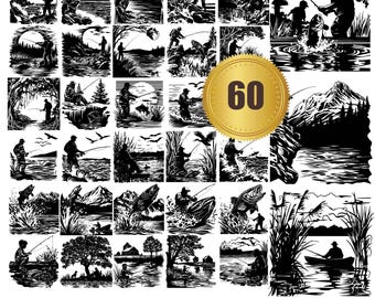 Puede incluir: Un conjunto de 60 archivos de corte SVG en silueta en blanco y negro que representan varias escenas de pesca. Las imágenes representan personas pescando en un lago o río, con algunas escenas que incluyen peces, barcos y árboles.