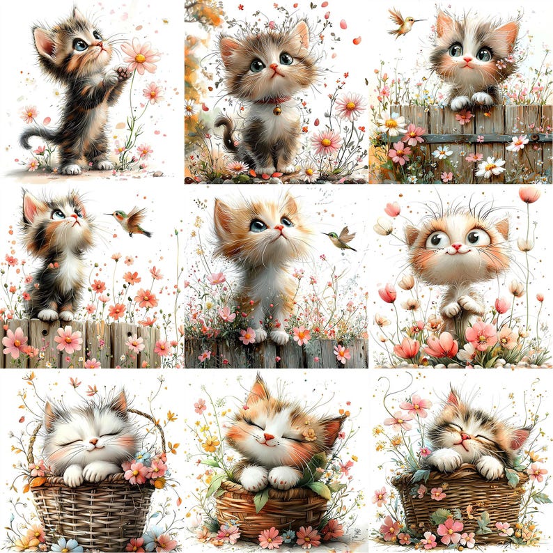 a painting of a kitten sitting in a basket