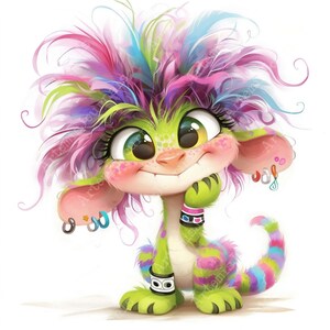 May include: A whimsical cartoon creature with vibrant, multicolored hair and large, expressive eyes. The creature has green skin with pink accents and wears colorful bracelets and earrings. Its striped tail and playful expression add to its charm.
