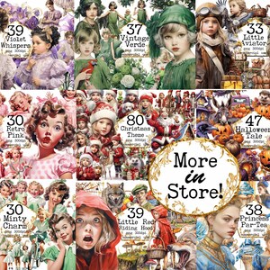 May include: A collage of digital illustrations featuring various themes, including vintage, Halloween, Christmas, and fairy tales. Each illustration features a girl or child in a different setting and style. The illustrations are labeled with titles and descriptions, such as "Violet Whispers", "Vintage Verde", "Little Aviator", "Retro Pink", "Christmas Theme", "Halloween Tale", "Minty Charm", "Little Red Riding Hood", and "Princess Par-Tea".