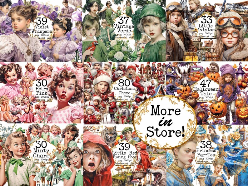 May include: A collage of digital illustrations featuring various themes, including vintage, Halloween, Christmas, and fairy tales. Each illustration features a girl or child in a different setting and style. The illustrations are labeled with titles and descriptions, such as "Violet Whispers", "Vintage Verde", "Little Aviator", "Retro Pink", "Christmas Theme", "Halloween Tale", "Minty Charm", "Little Red Riding Hood", and "Princess Par-Tea".