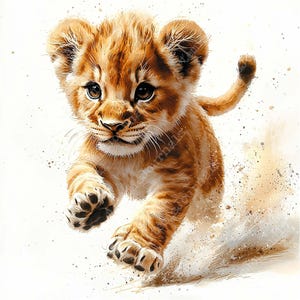 May include: A close-up of a brown and tan lion cub running towards the camera. The cub has a playful expression on its face and is surrounded by a light brown, sandy background.