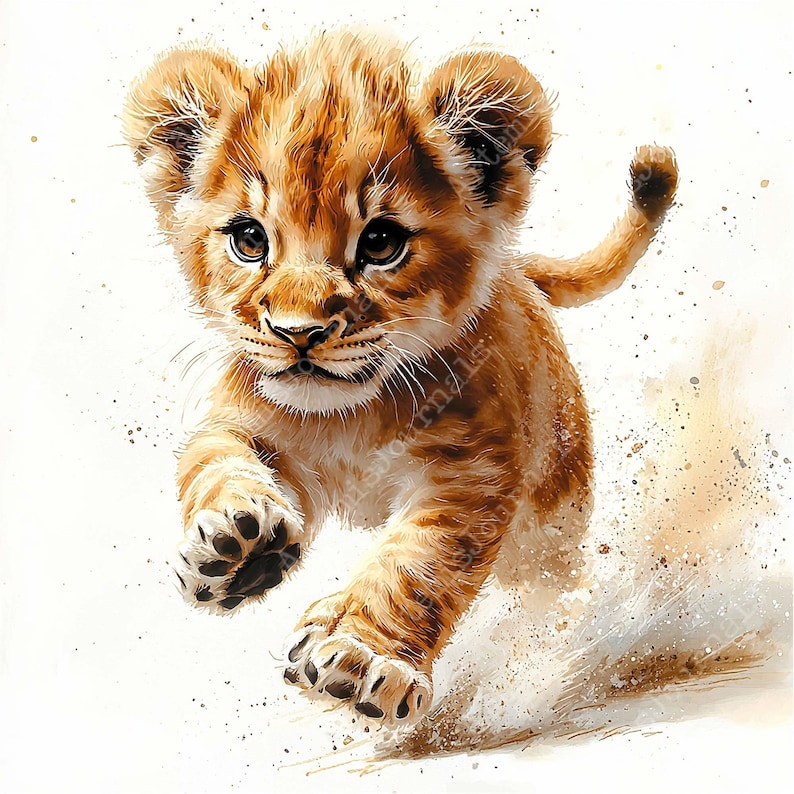 May include: A close-up of a brown and tan lion cub running towards the camera. The cub has a playful expression on its face and is surrounded by a light brown, sandy background.