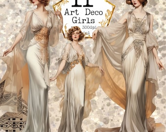 PNG Art Deco jaren 20 mode clipart meisje met flapper jurk clipart bundel instant digitale download afbeeldingen digitale Ephemera junk Journal