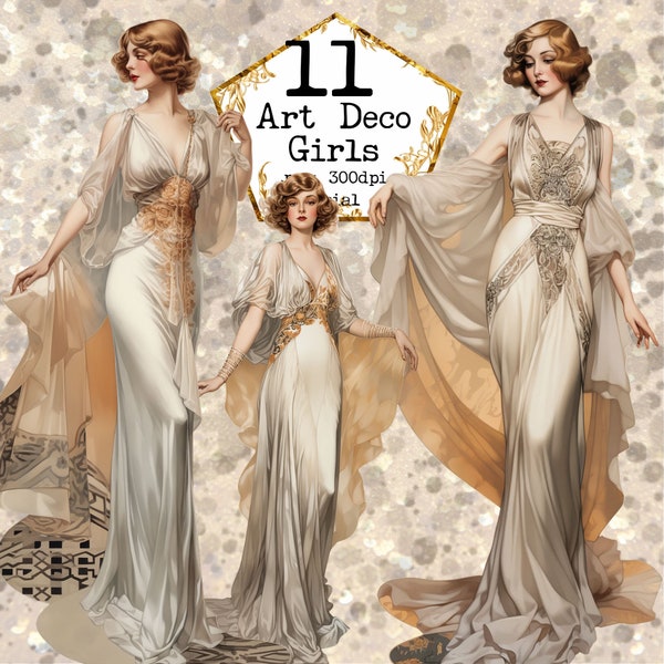 Art Deco 20s Fashion Clipart Girl With Flapper Dress Clipart Bundle Instant Digital Download Images Digital Ephemera Junk Journal