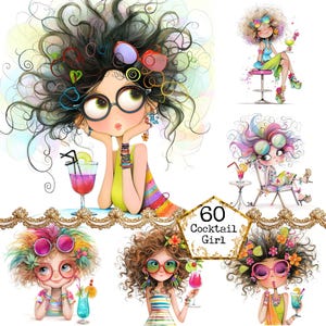 Paquete de imágenes prediseñadas de chicas con cócteles caprichosos JPEG. Imágenes prediseñadas de mejores amigas bebiendo gente peculiar. Descarga instantánea. Manualidades de papel. Diario basura. Scrapbooking.