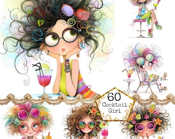 JPEG Whimsical Cocktail Girls Clipart Bundle Quirky People Drinking Besties Clipart Instant Download Paper Crafts Junk Journal Scrapbooking