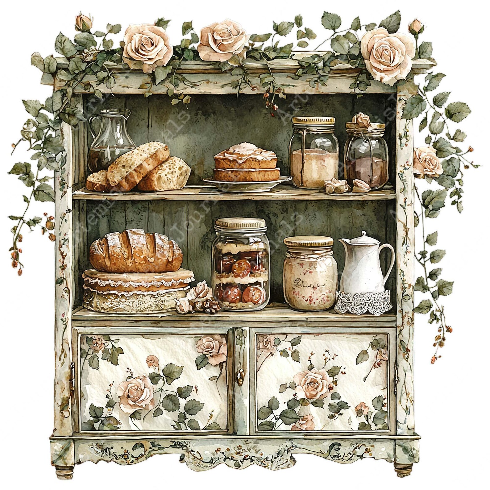 PNG + JPEG Watercolor Vintage Kitchen Cabinet Clipart Bundle Rustic ...