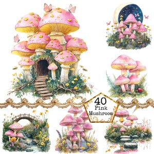 Bundle de cliparts aquarelle champignon magique, clipart fée champignon lumineux, téléchargement immédiat, travaux manuels en papier, journal indésirable, scrapbooking