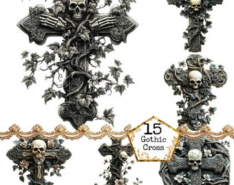 May include: A set of 15 gothic cross designs featuring intricate details, skulls, and floral elements. The crosses are in various styles, including a cross with a skull and wings, a cross with a skull and vines, and a cross with a skull and roses.