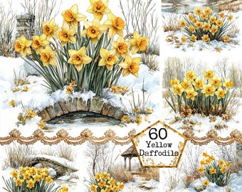 JPEG Watercolor Daffodil Clipart Bundle Early Spring Flower Snowy Scenery Clipart Instant Download Paper Crafts Junk Journal Scrapbooking