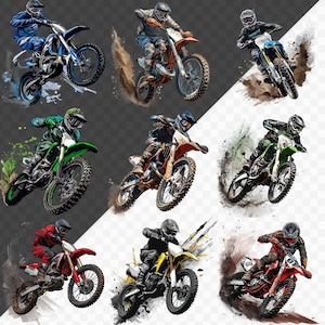 May include: Nine different motocross riders in action, each with a unique color scheme and design. The riders are wearing helmets and protective gear, and their bikes are covered in dirt and mud. The riders are all in mid-air, performing jumps and tricks.