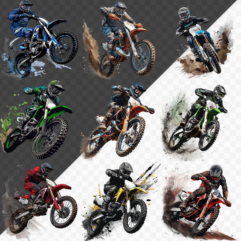 May include: Nine different motocross riders in action, each with a unique color scheme and design. The riders are wearing helmets and protective gear, and their bikes are covered in dirt and mud. The riders are all in mid-air, performing jumps and tricks.