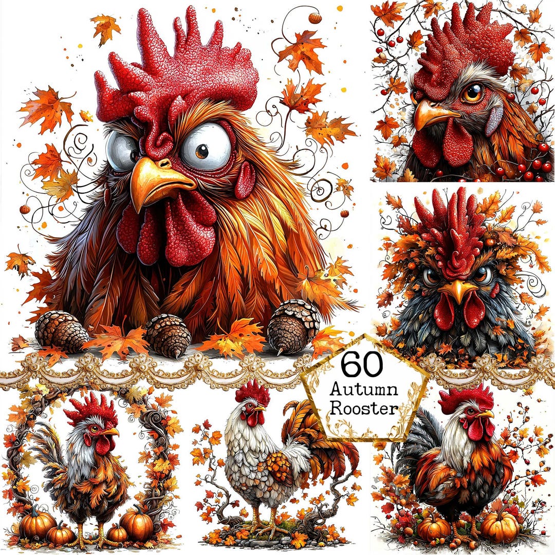 Rooster Fall Graphics JPEG Watercolor Autumn Rooster Clipart Bundle Crazy Rooster Clipart ...