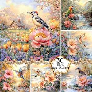 JPEG Aquarell Vögel in einem Garten Illustrationen Garten Clipart Frühling Vögel Clipart Sofortiger Download Papier Handwerk Junk Journal Scrapbooking