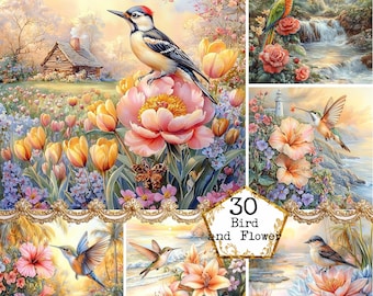 JPEG Watercolor Birds in a Garden Illustrations Garden Clipart Spring Birds Clipart Instant Download Paper Crafts Junk Journal Scrapbooking