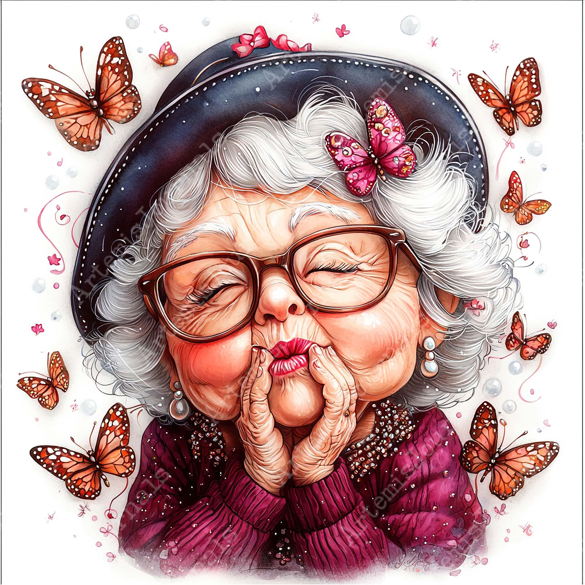JPEG Watercolor Elderly Lady With Butterflies Clipart Bundle Spring ...