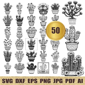 May include: A set of 50 black and white cactus illustrations in various styles and poses. The illustrations are perfect for crafting, scrapbooking, and other creative projects.
