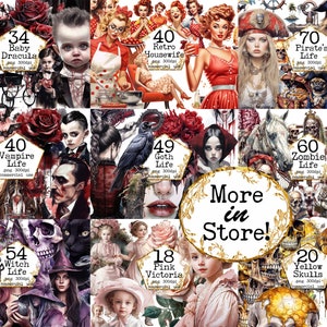 May include: A collage of digital illustrations featuring various themes, including vampires, pirates, witches, and zombies. Each illustration is labeled with a number and a descriptive title, such as "Baby Dracula" or "Pirate's Life". The illustrations are in a cartoon style and feature vibrant colors.