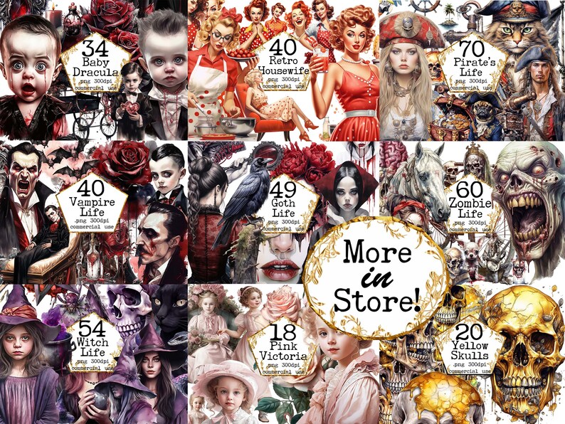 May include: A collage of digital illustrations featuring various themes, including vampires, pirates, witches, and zombies. Each illustration is labeled with a number and a descriptive title, such as "Baby Dracula" or "Pirate's Life". The illustrations are in a cartoon style and feature vibrant colors.
