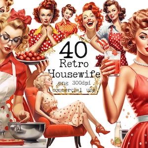 Vintage Polka Dot huisvrouw clipart bundel, transparante '50 PNG, huis klusjes, rode jurk, plakboek, ongewenste Journal, papier ambachten scrapbooking