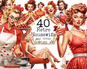 Vintage Polka Dot Housewife Clipart Bundle, Transparent '50 PNG, House Chores, Red dress, Scrapbook, Junk Journal, Paper Crafts Scrapbooking