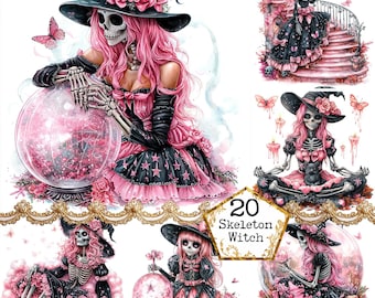JPEG Halloween heks meisje sublimatie ontwerp clipart bundel roze chique heks schattig Instant Download papier ambachten ongewenste dagboek scrapbooking