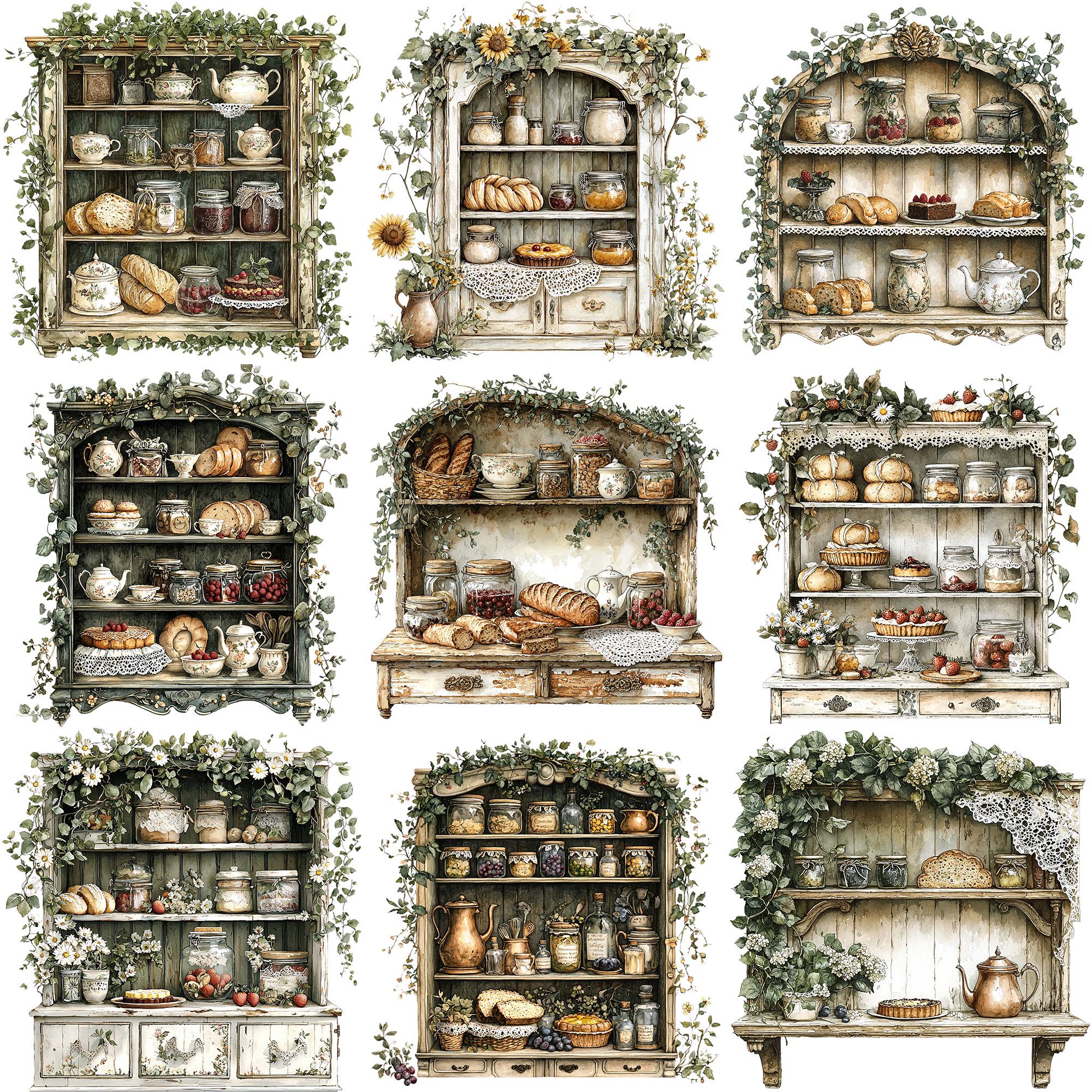 PNG + JPEG Watercolor Vintage Kitchen Cabinet Clipart Bundle Rustic ...