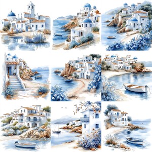 a watercolor painting of a beach with boats and houses