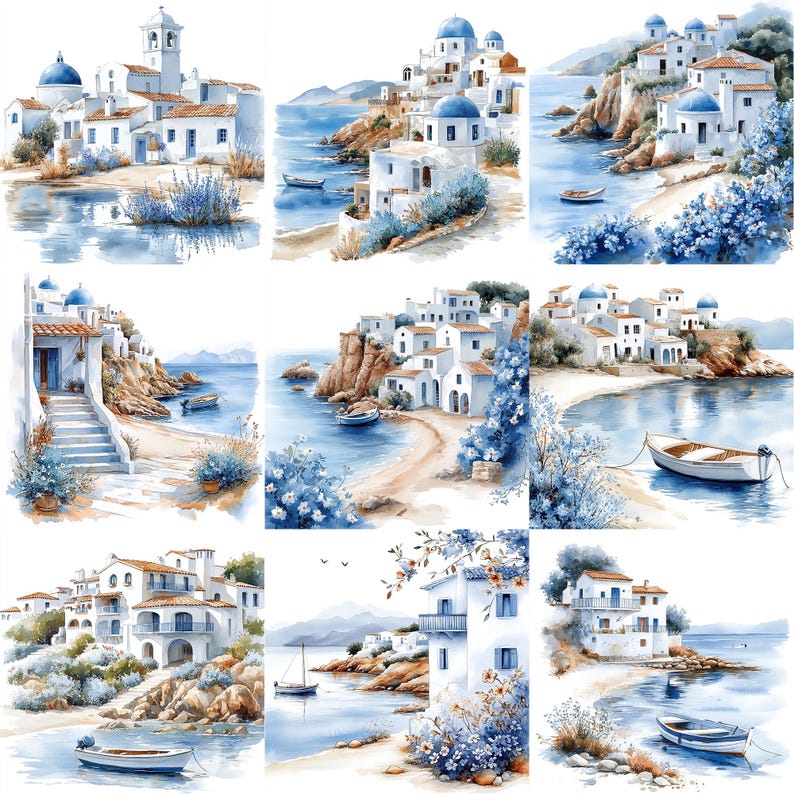 a watercolor painting of a beach with boats and houses